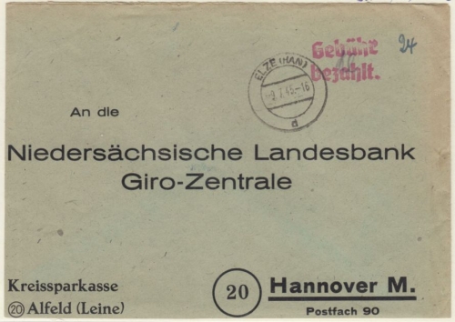 All.Bes. - Elze 9.7.45, Gebühr bezahlt, roter L2 a. Brief n. Hannover