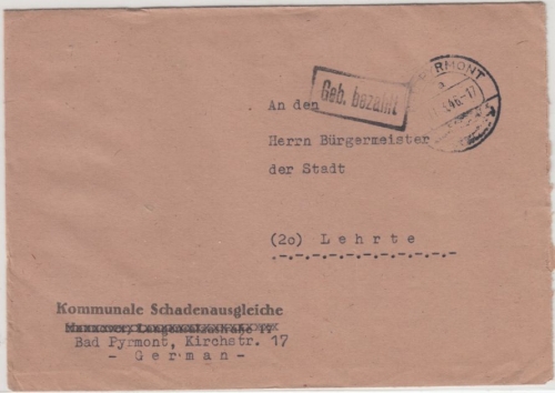 All.Bes. - Bad Pyrmont 11.3.46, Gebühr bezahlt, Ra1 a. Brief n. Lehrte