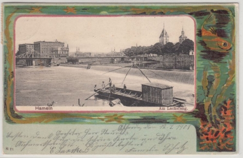 Niedersachsen - Hameln, Am Lachsfang - farb. Passepartout-AK, gelaufen 1901