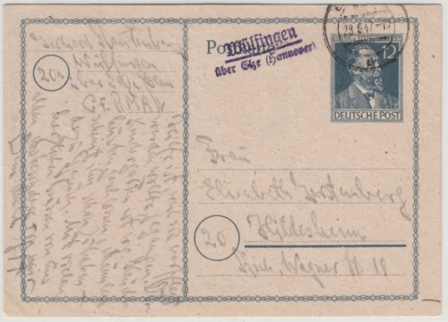 All.Bes. - Wülfingen ü. Elze (Hannover), Landpost-L2 a. 12 Pfg. Sonder-GA-Karte