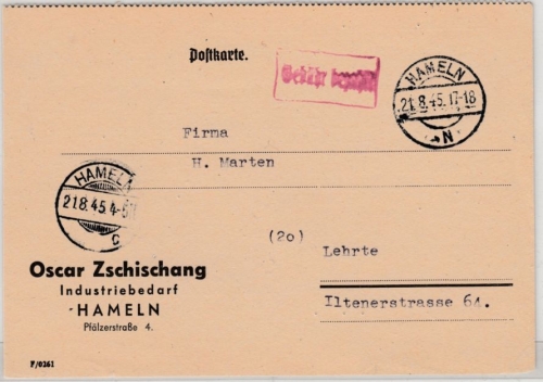All.Bes. - Hameln 21.8.45, Gebürh bezahlt, roter Ra1 a. Karte n. Lehrte