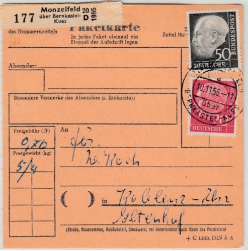 BRD - Monzelfeld ü. Bernkastel-Kues, Poststelle I, Paketkarte n. Koblenz 1956