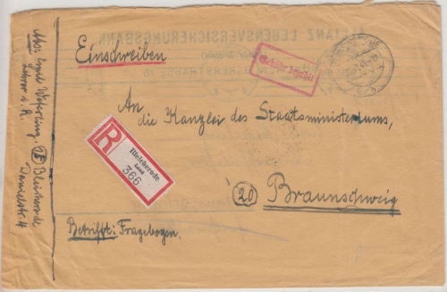 All.Bes. - Bleicherode 22.11.45, Gebühr bezahlt, Ra1 a. Einschreibebrief n.