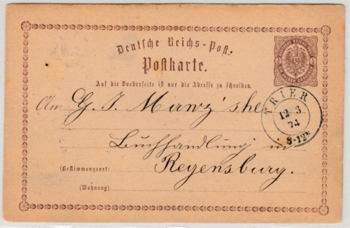 DR/Bayern - Trier 1874, K2 a. 1/2 Gr. Brustschild-GA-Karte n. Regensburg