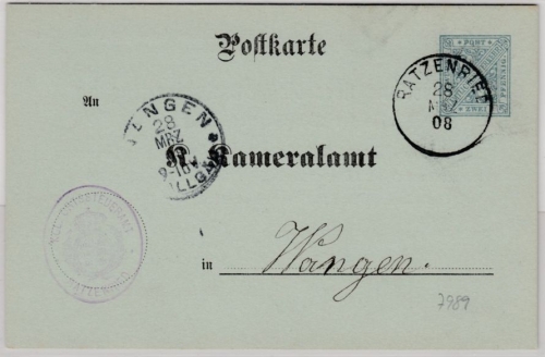 Württemberg - 2 Pfg. Dienst-GA-Karte/Kameralamt, Oberamtsverkehr Ratzenried 1908