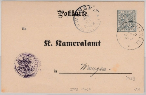 Württemberg - 2 Pfg. Dienst-GA-Karte/Kameralamt, Oberamtsverkehr Amtzell 1905