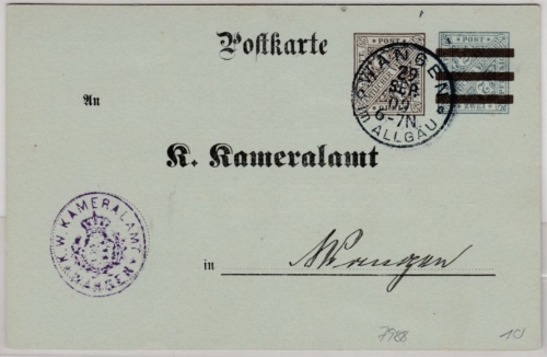 Württemberg - 3 n. 2 Pfg. Dienst-GA-Karte/Kameralamt, Ortskarte Wangen 1909