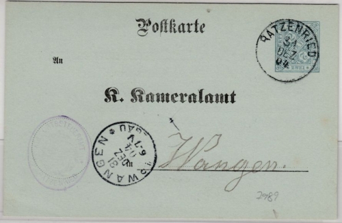 Württemberg - 2 Pfg. Dienst-GA-Karte/Kameralamt, Oberamtsverkehr Ratzenried 1904