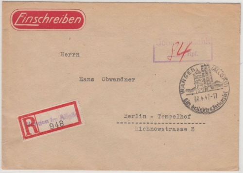 All.Bes. - Wangen 30.4.47, Gebühr bezahlt, Ra2 a. Einschreibebrief n. Berlin