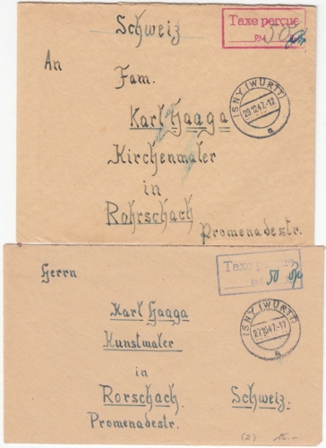 All.Bes. - Isny 27.10./29.12.47, Taxe percue, Ra2 (rot/violett) a. 2 Briefen