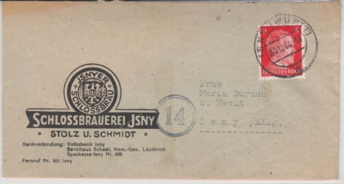 DR - 8 Pfg. AH, Ortsbrief (Schlossbrauerei) Isny 30.12.44, mit Inhalt !!