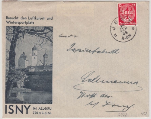 DR - Isny 1934, K1 a. illustr. "Tourismus"-Kuvert n. Seltmanns