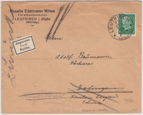 DR - 5 Pfg. Hindenburg, Drucksache i.d. SCHWEIZ, Retouraufkleber, Leutkirch 1929