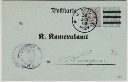 Württemberg - 3 n. 2 Pfg. Dienst-GA-Karte/Kameralamt, Oberamtsverkehr Isny 1908