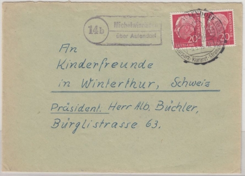 BRD - (14b) Michelwinnaden ü. Aulendorf, Landpost-Ra2 a. Brief i.d. SCHWEIZ 1955