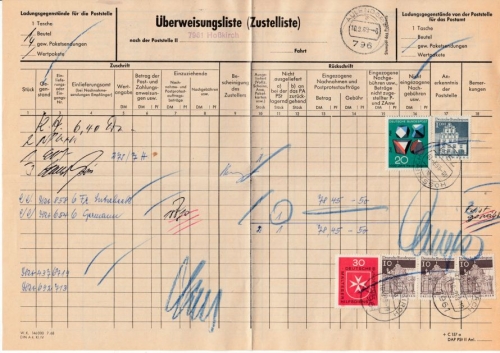 BRD - 7961 Hoßkirch, frank. Überweisungsliste (Zustelliste), Aulendorf 1969