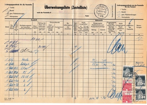 BRD - 7961 Fleischwangen, frank. Überweisungsliste (Zustelliste), Aulendorf 1969