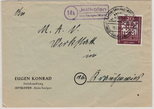 BRD - (14b) Jettkofen ü. Saulgau, Landpost-Ra2 a. Brief n. Krauchenwies 1960