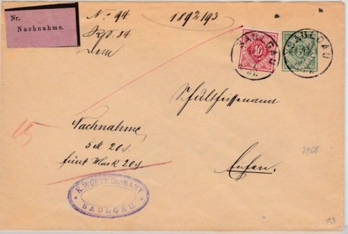 Württemberg - 5 Pfg. Dienst-GA-Umschlag + Zusatz/Nachnahmebrief Saulgau 1893 n.