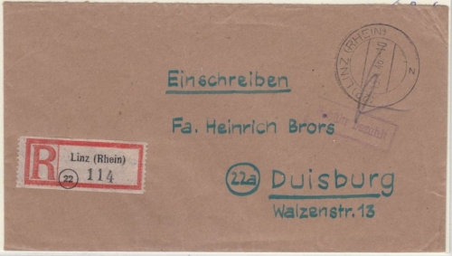 All.Bes. - Linz (Rhein) 15.4.46, Gebühr bezahlt, Ra1 a. Einschreibebrief n.