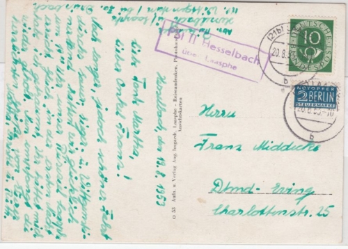 BRD - PSt II Hesselbach ü. Laasphe, Landpost-Ra2 a. Karte n. Dortmund 1953