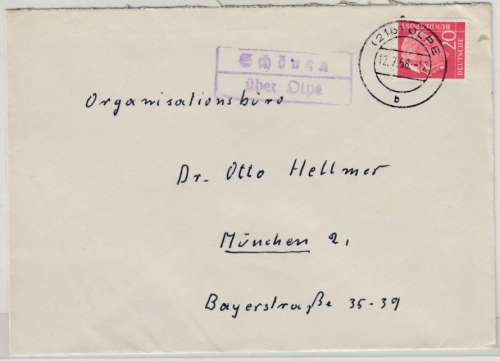BRD - Schönau ü. Olpe, Landpost-Ra2 (Vorkriegs-Type !) a. Brief n. München 1958