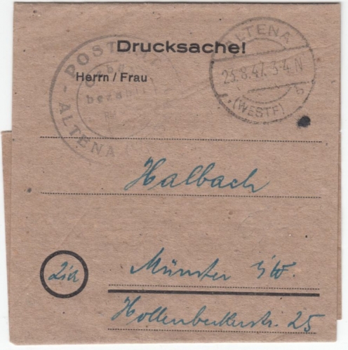 All.Bes. - Altena (Westf.) 23.8.47, Gebühr bezahlt PA Altena, Sonderform
