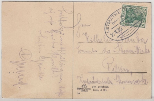 DR - Letmathe - Unna, Z 1329, Bahnpost-Stpl. a. Karte n. Pilsen 1913