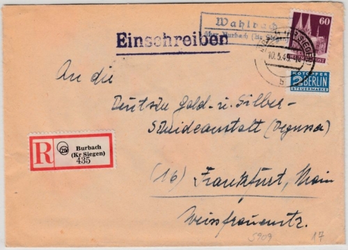 Bizone - Wahlbach ü. Burbach, Landpost-Ra2 a. Einschreibebrief n. Frankfurt 1949
