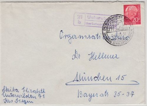 BRD - (21b) Unterwilden ü. Burbach, Landpost-Ra2 a. Brief n. München 1959