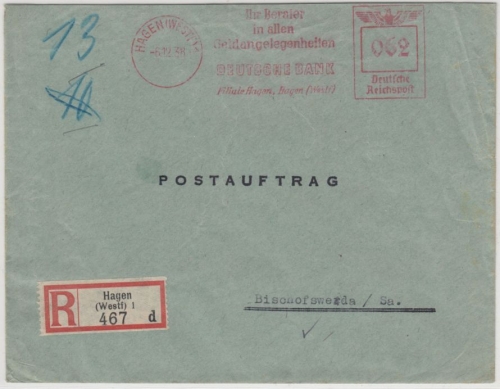 DR - Hagen (Westf.) 1, 1938, 62 Pfg. AFS "Deutsche Bank", R-Postauftrag n.