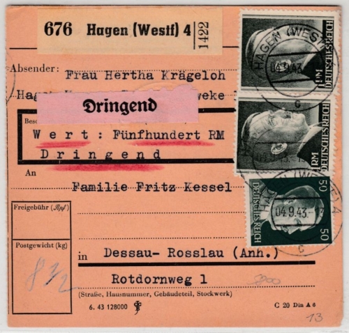 DR - 2x1 RM AH u.a., Dringend-Wertpaketkarte Hagen (Westf.) 4 - Dessau 1943