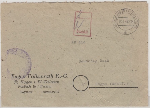 All.Bes. - Hagen (Westf.)-Delstern, ...Rpf bezahlt, Ra2 a. Ortsbrief 10.1.46