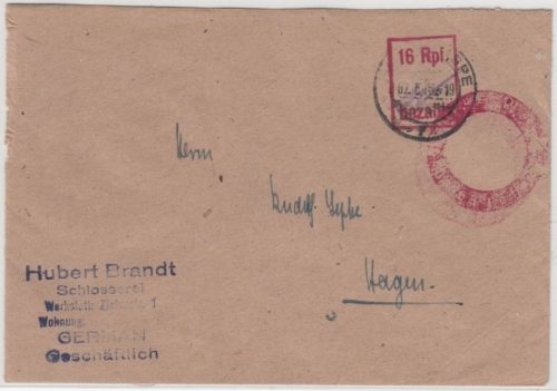 All.Bes. - Hagen-Haspe 7.6.46, 16 Rpf bezahlt, roter Ra2 a. Ortsbrief