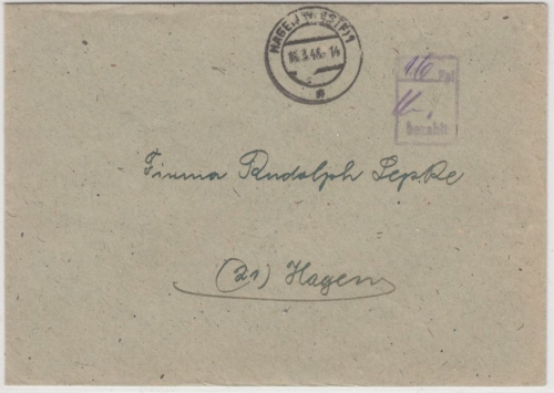 All.Bes. - Hagen (Westf.) 1, ...Rpf bezahlt, Ra2 a. Ortsbrief 16.3.46