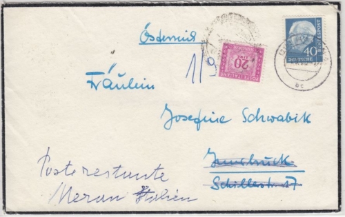 BRD - 40 Pfg. Heuss II, Trauerbrief n. ÖSTERREICH, Weiterleitung ITALIEN 1960