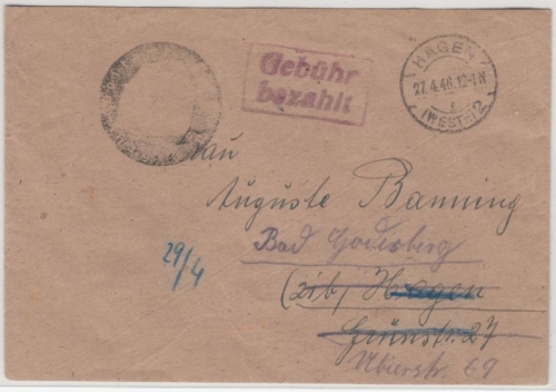 All.Bes. - Hagen (Westf.) 2, 27.4.46, Gebühr bezahlt, Ra2 a. Ortsbrief