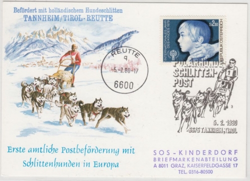 Österreich - Polarhunde-Schlittenpost Tannheim - Reutte 1980, Schmuckkarte