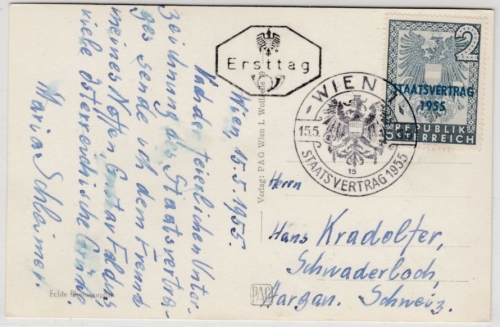 Österreich - 2 S. Staatsvertrag, ERSTTAGS-Karte i.d. SCHWEIZ, ESST Wien 15.5.55