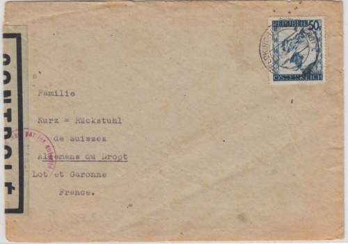 Österreich - 50 Gr. Landschaften, Zensurbrief n. FRANKREICH, Feldkirch 1.3.46
