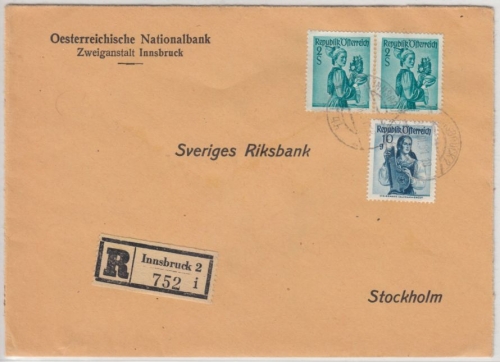 Österreich - 2x2 S. + 10 Gr. Trachten, Einschreibebrief n. SCHWEDEN, Innsbruck