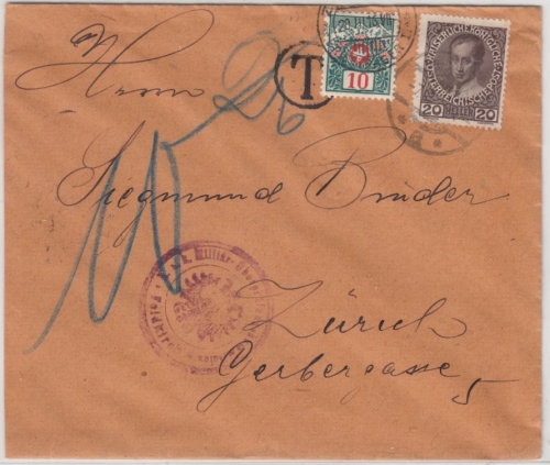 Österreich - Mödling 1916, Zensurbrief i.d.SCHWEIZ, 10 Rp. Portomarke