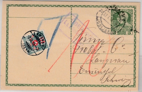 Österreich - 5 H. GA-Karte Laibach - Langnau/SCHWEIZ 1915, Zensur-Ra3 Triest