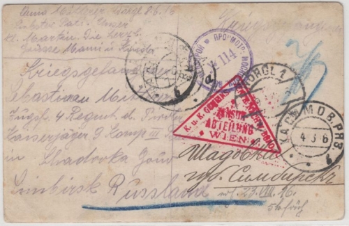 Österreich - Kriegsgefangenenkarte n. RUSSLAND, Wörgl - Schadowka 1916