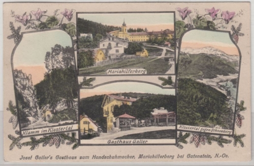 Österreich - Gutenstein, Gasthaus Galler, Mehrbild-Farb-AK, gelaufen 1924