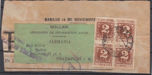 Spanien - 2 C. Ziffer, 4er-Block a. Zeitungsadresse Soller n. Frankfurt 1941