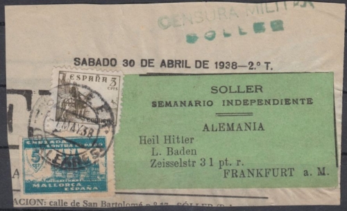 Spanien - 5 C. Zwangszuschlag Palma u.a. Zeitungsadresse Soller - Frankfurt 1938