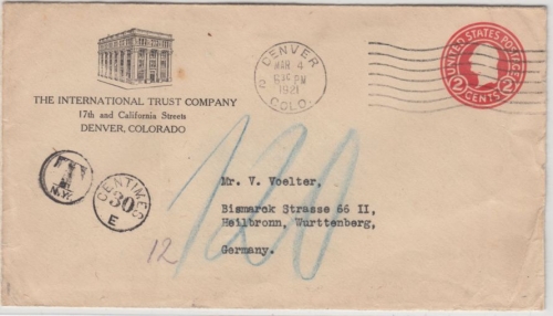 USA - 2 C. GA-Umschlag/Nachporto Denver - Heilbronn 1921, Firmenzudruck