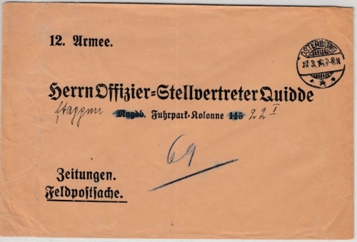 DR - Feldpostsache/Zeitungen, Vordruckbrief Osterburg - 12.Armee/Fuhrpark 1916