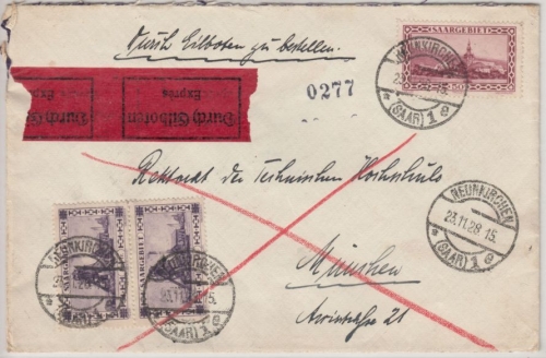 Saargebiet - 2x1 Fr. + 50 C. Landschaften, EilBrief Neunkirchen - München 1928
